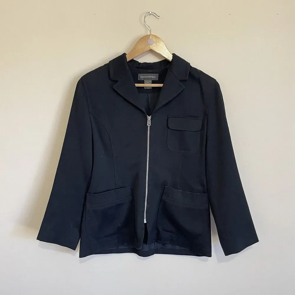 Vintage Banana Republic Women’s Black Jacket - Size 8 Long Sleeve Pockets Zip Up